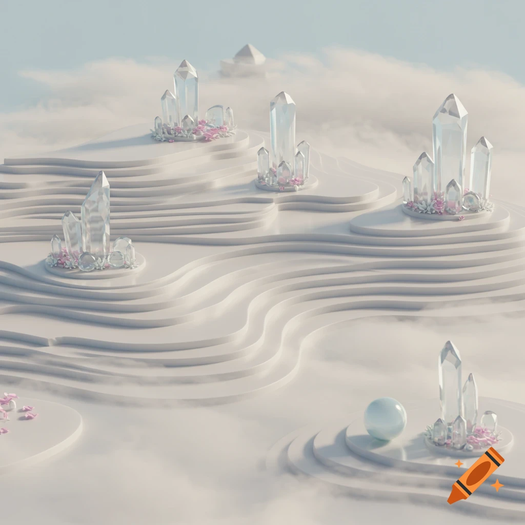 Isometric view of clear crystals and small pink flowers on white, wavy platforms surrounded by clouds under a light blue sky.