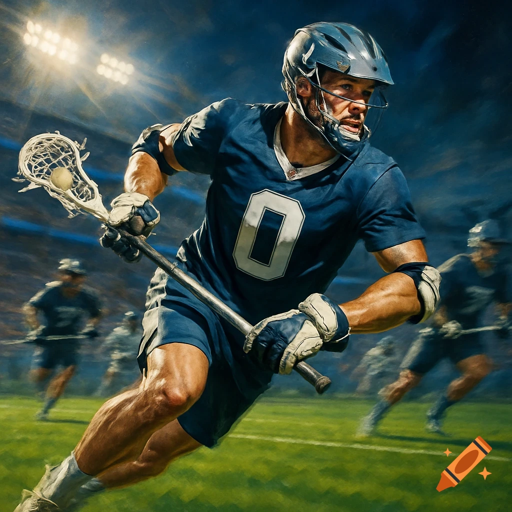 A male lacrosse player in a blue jersey with number 0, holding a stick and a ball, running on a field under stadium lights.