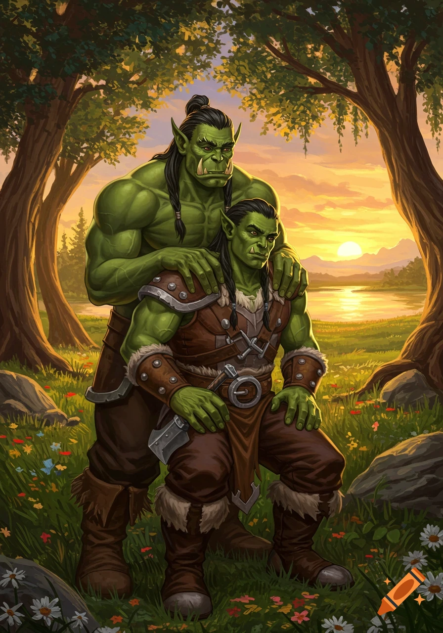 Two green-skinned orcs in brown armor in a lush forest clearing with a lake at sunset, one standing with hands on the other's shoulders, in a fantasy art style.