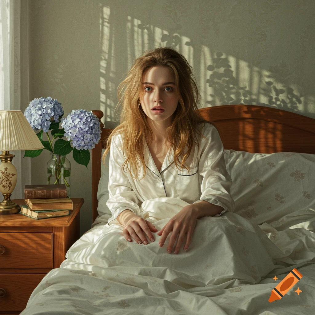 A young woman with messy hair in white pajamas sits in bed, looking surprised at the camera, sunlight streaming through a window.