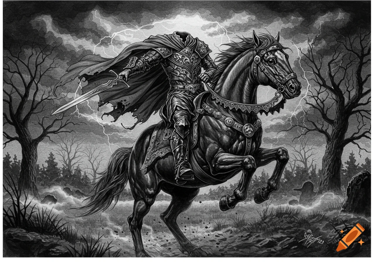 A detailed black and white drawing of a headless knight in ornate armor riding a horse through a stormy, barren landscape under lightning strikes.