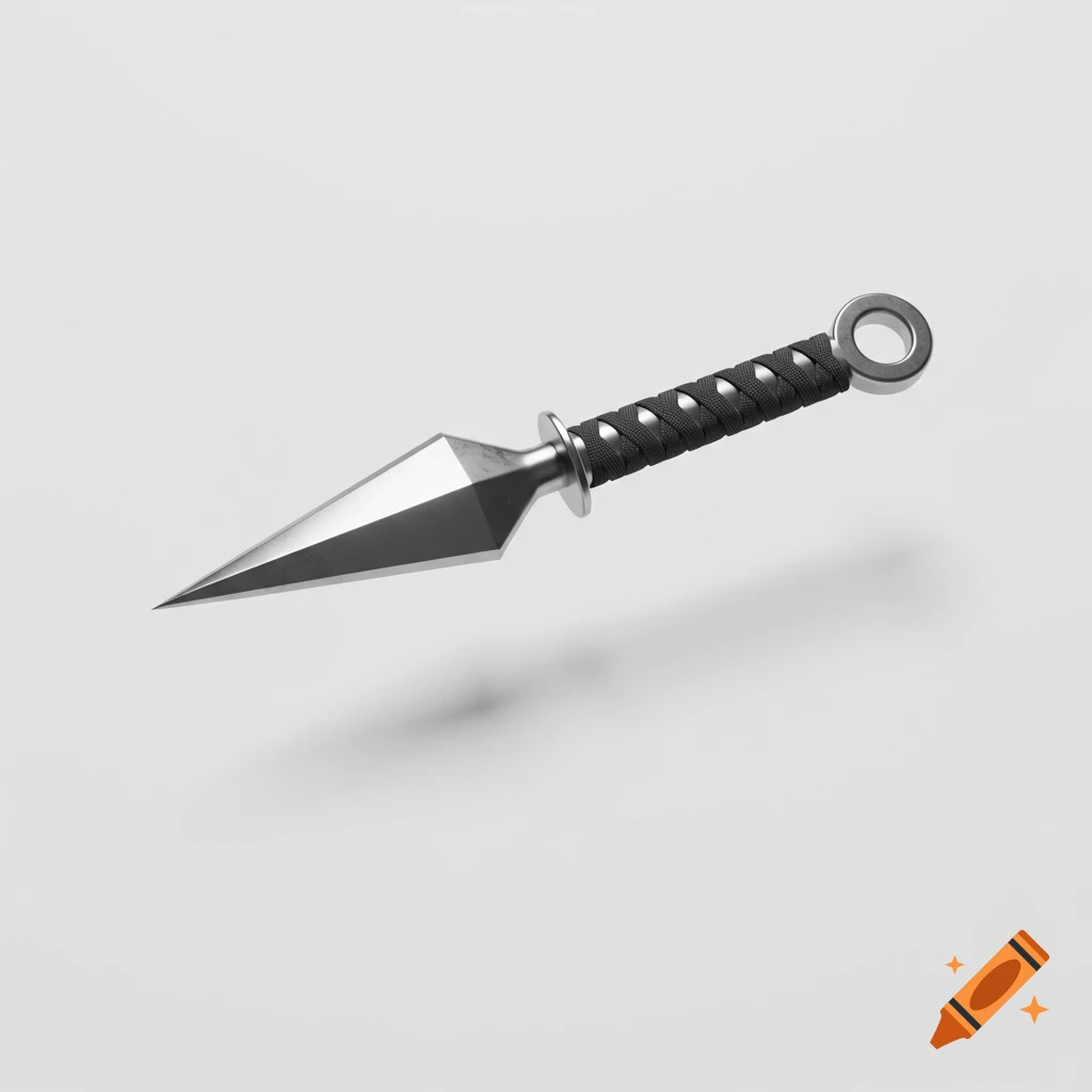 A 3D render of a silver kunai with a black wrapped handle, isolated on a white background.