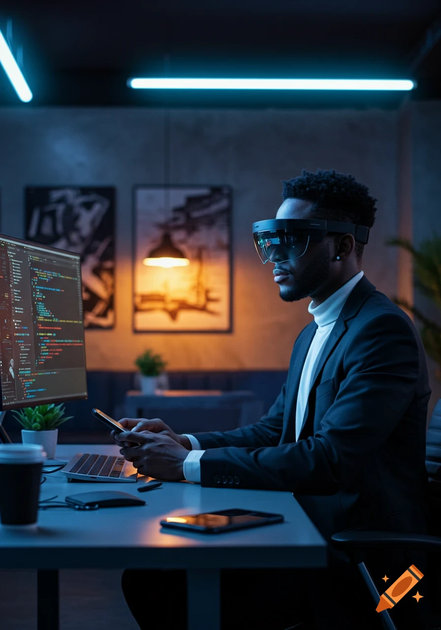 A man in an AR headset works on a computer with code, holding a phone in a dark, neon-lit tech office. Photorealistic.