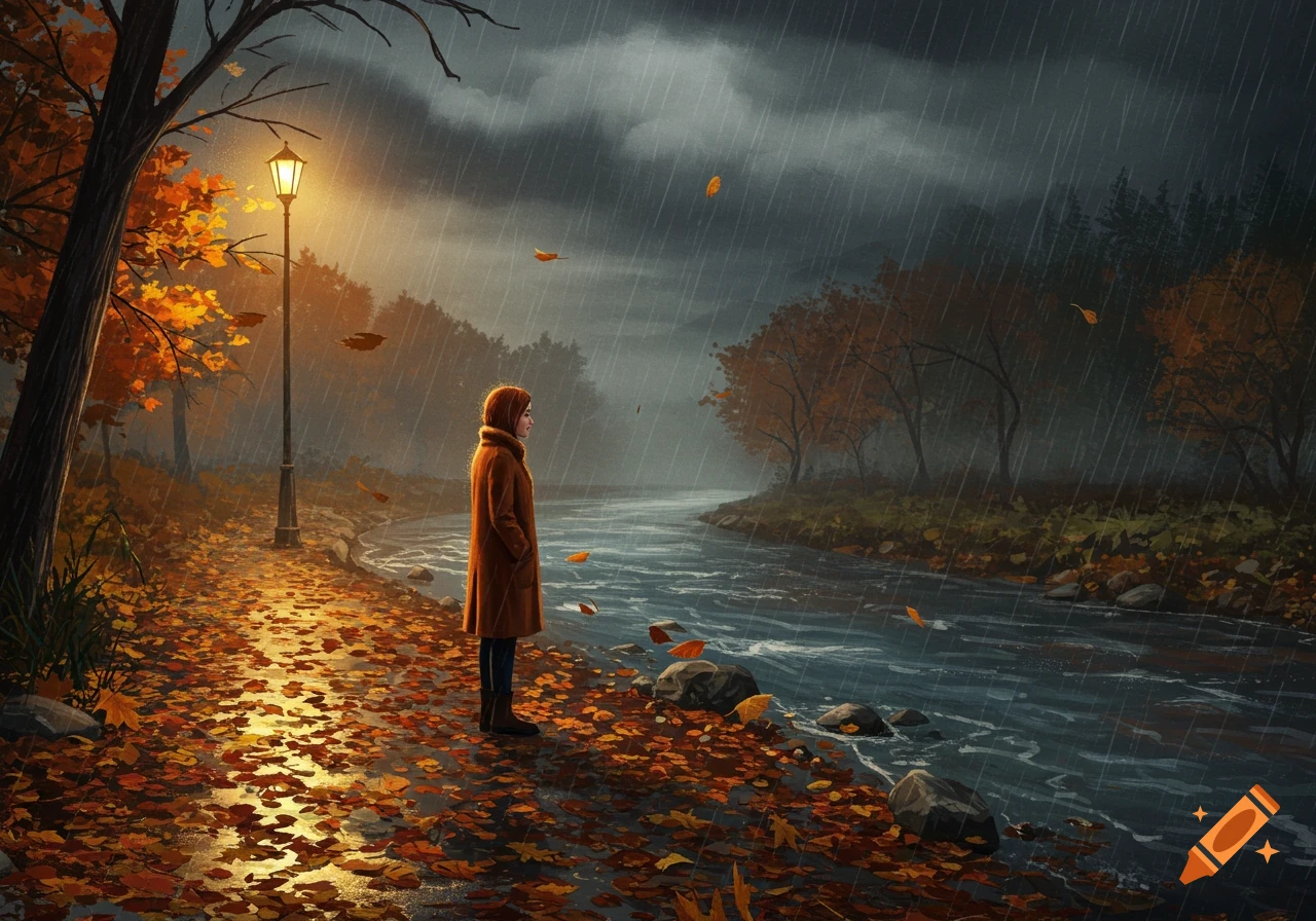 An artistic illustration of a woman in an orange coat standing by a river in a rainy autumn scene, illuminated by a street lamp.