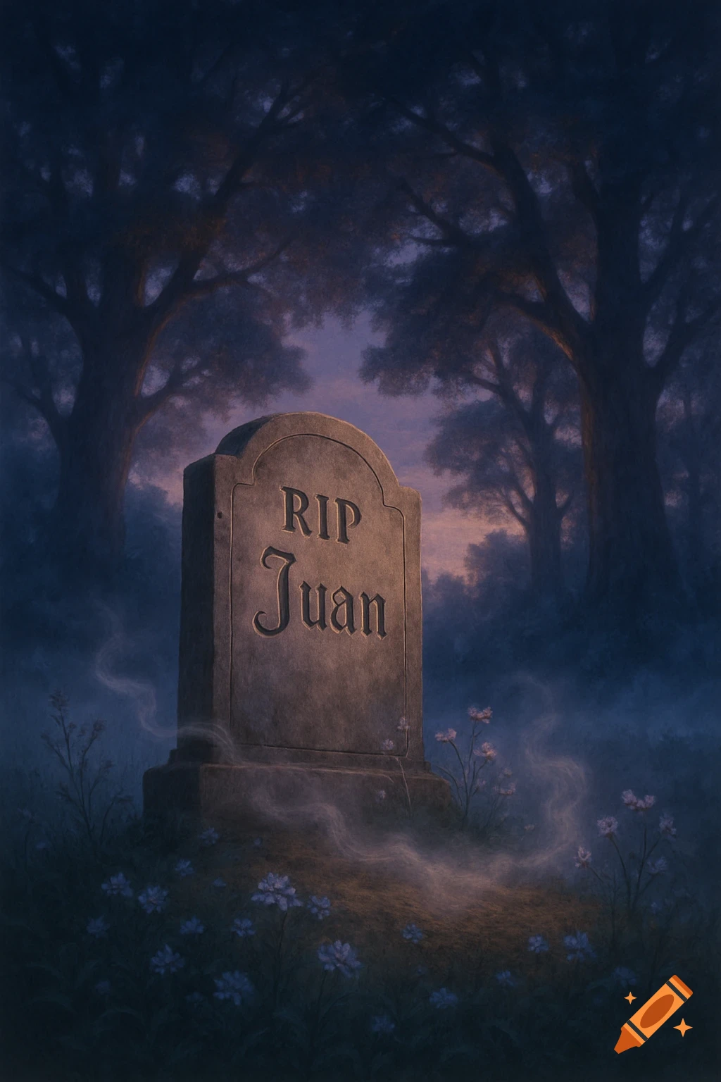 A tombstone engraved with 'RIP Juan' stands in a foggy, dark forest at dusk, with small flowers on the ground.