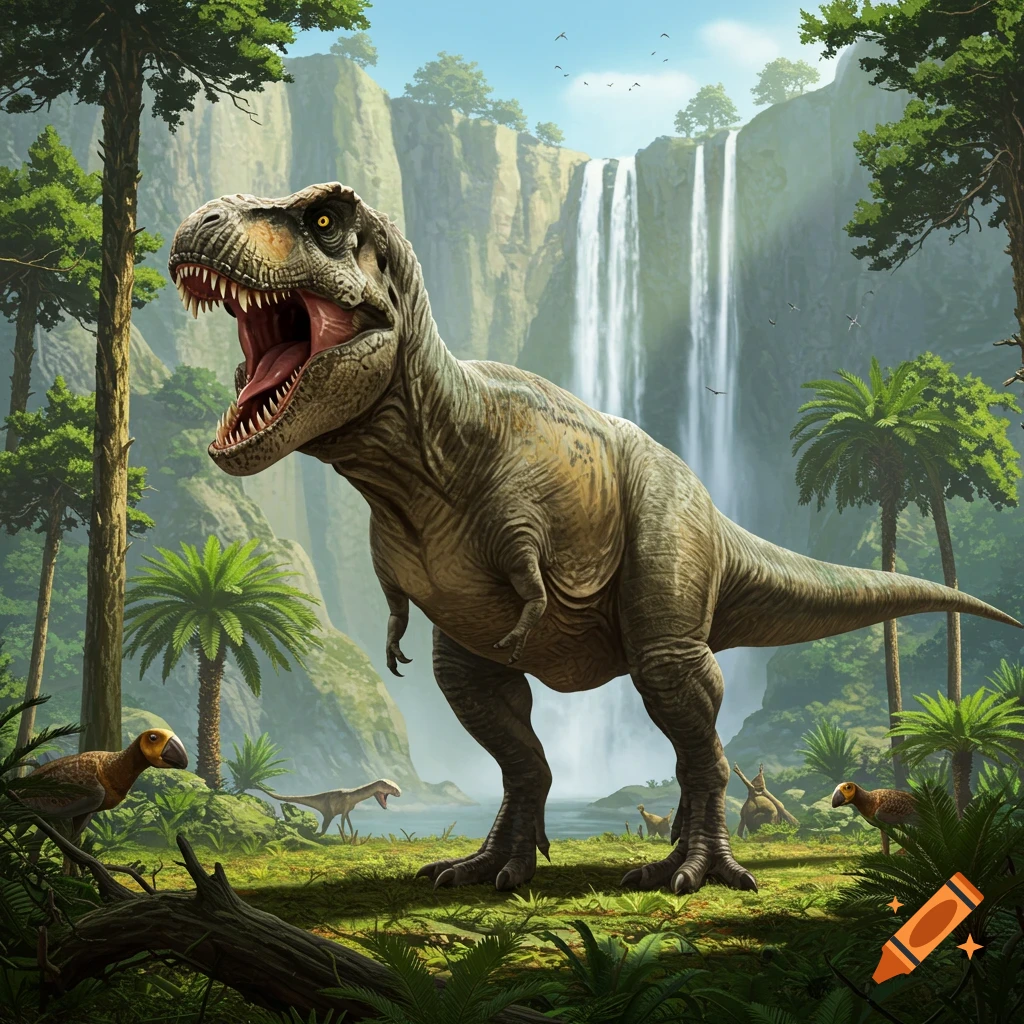 A massive Tyrannosaurus Rex roars in a lush prehistoric jungle with waterfalls and other smaller dinosaurs.