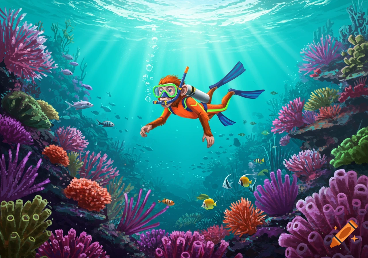 A cartoon monkey scuba diving in a vibrant coral reef, surrounded by colorful fish and corals, with sunlight rays piercing the water.