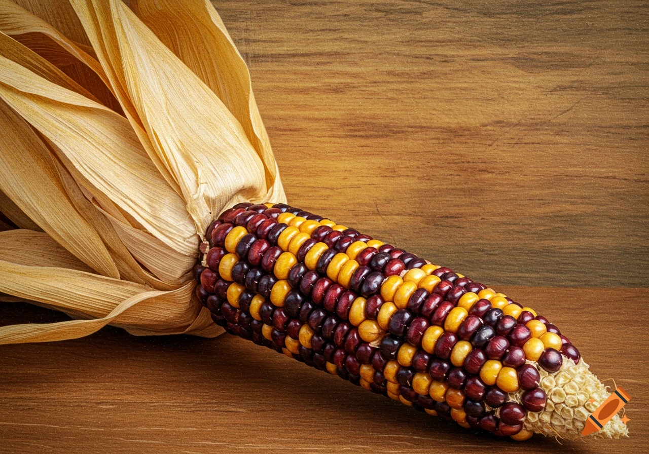 An ear of red and yellow Indian corn with dried husks rests on a wooden surface.