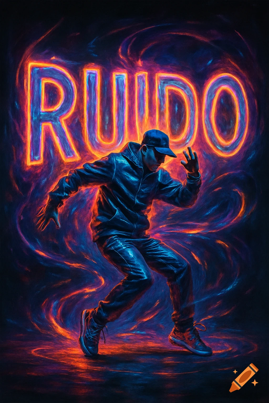 A man in a hoodie and cap dances with glowing neon 'RUIDO' text and swirling lights in the background.