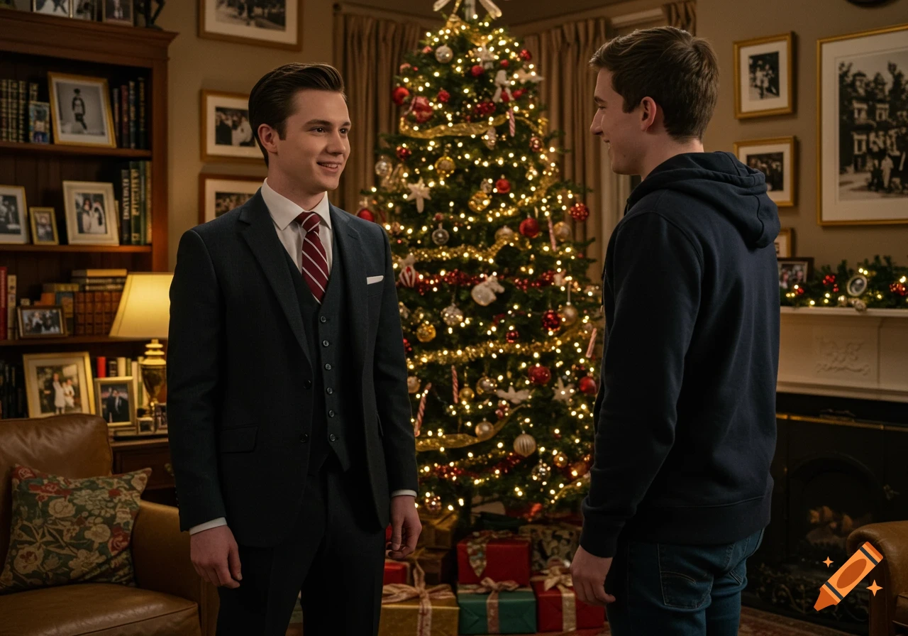 Two young men stand in a festive living room with a lit Christmas tree. One wears a suit and tie, the other a hoodie.