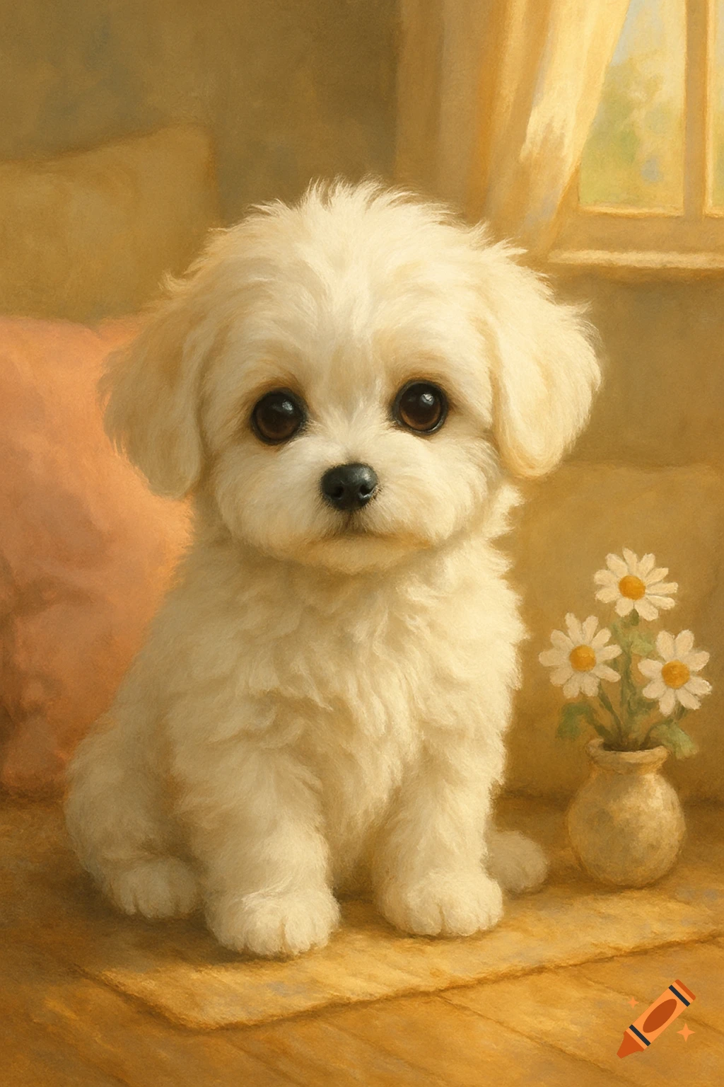 A fluffy white puppy with big dark eyes sits on a mat indoors, next to a vase of daisies, in a soft painterly style.
