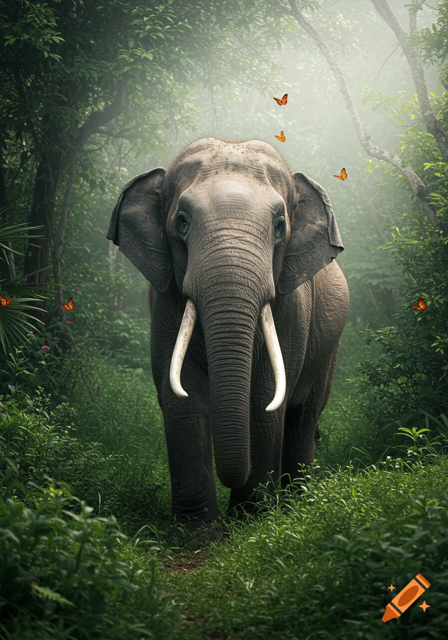 A majestic elephant with large tusks walks forward on a narrow path through a lush green jungle, with sunlight filtering through the trees and orange butterflies flying around. Photorealistic style.