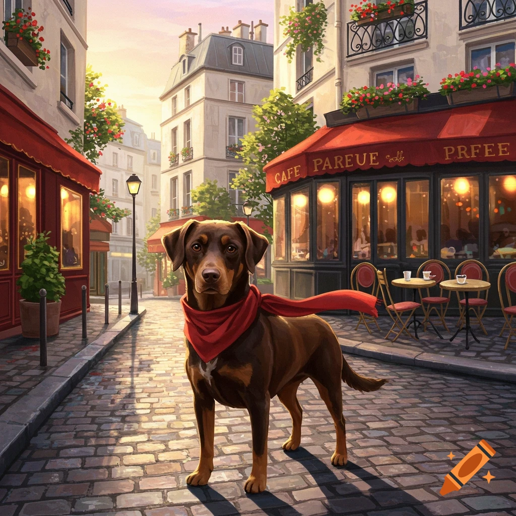 A brown dog wearing a red scarf stands on a cobblestone street in front of Parisian cafes at sunrise, in a painterly style.
