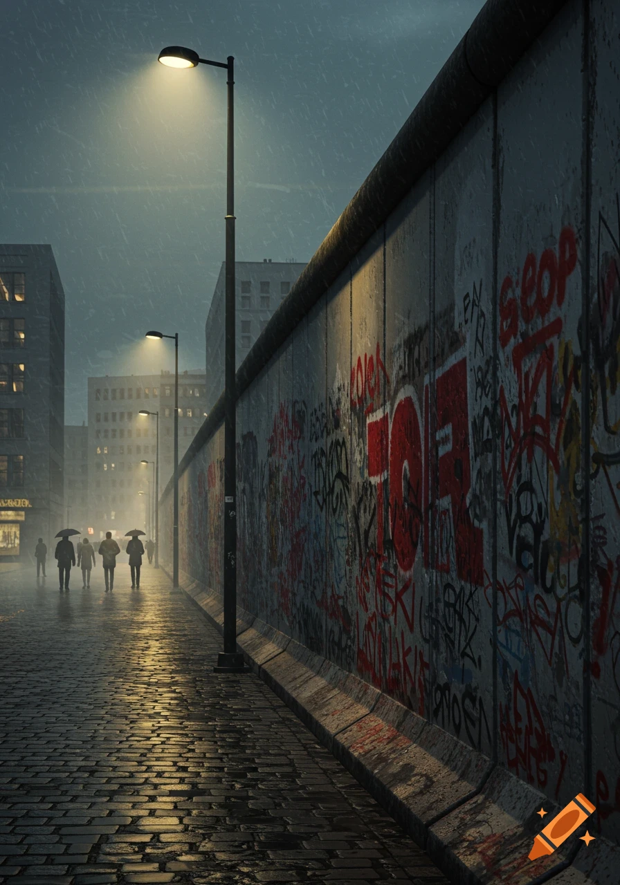 A rainy night scene on a cobblestone street alongside a graffiti-covered wall, with streetlights illuminating several people holding umbrellas.