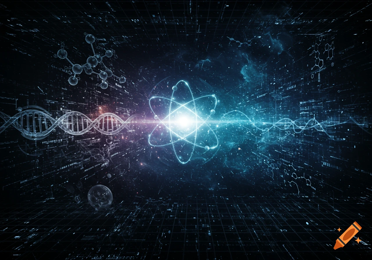 An abstract science background with a glowing atom, DNA helix, molecular structures, and digital data grid in blue and purple hues.