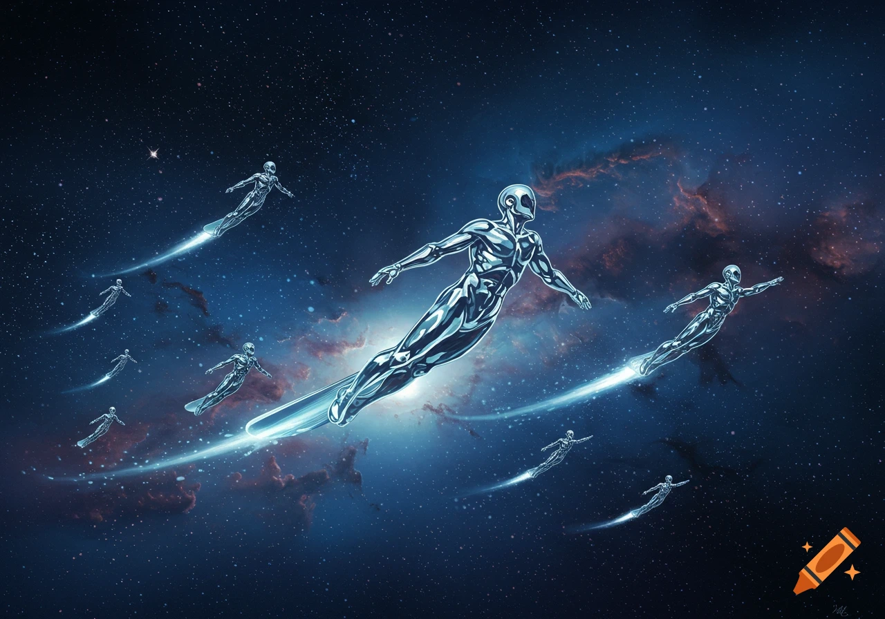 Multiple chrome humanoid figures resembling Silver Surfer fly through a dark, star-filled space, leaving glowing blue trails.