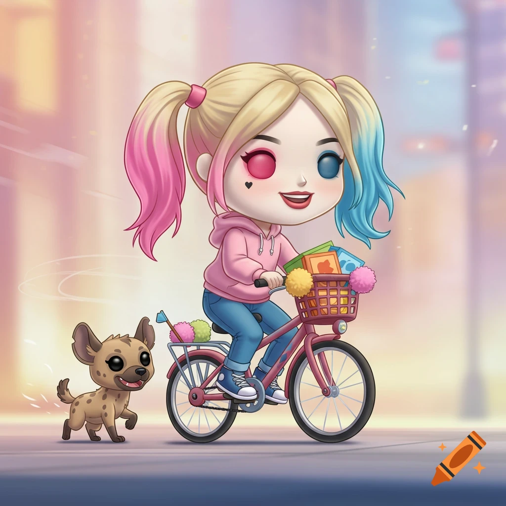 Chibi Harley Quinn, with pink and blue pigtails, rides a pink bicycle with pom-poms as a spotted hyena runs alongside her.