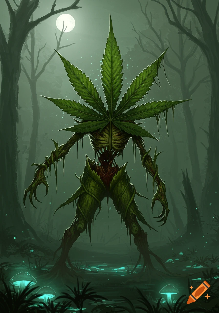 Dark fantasy illustration of a marijuana leaf monster zombie in a misty, moonlit forest swamp with glowing mushrooms.