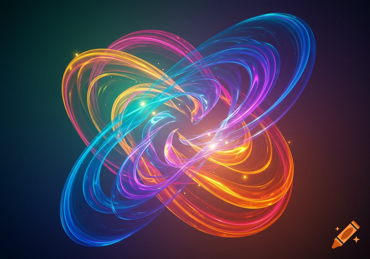 Vibrant abstract glowing light trails in intertwined loops and swirls against a dark background.