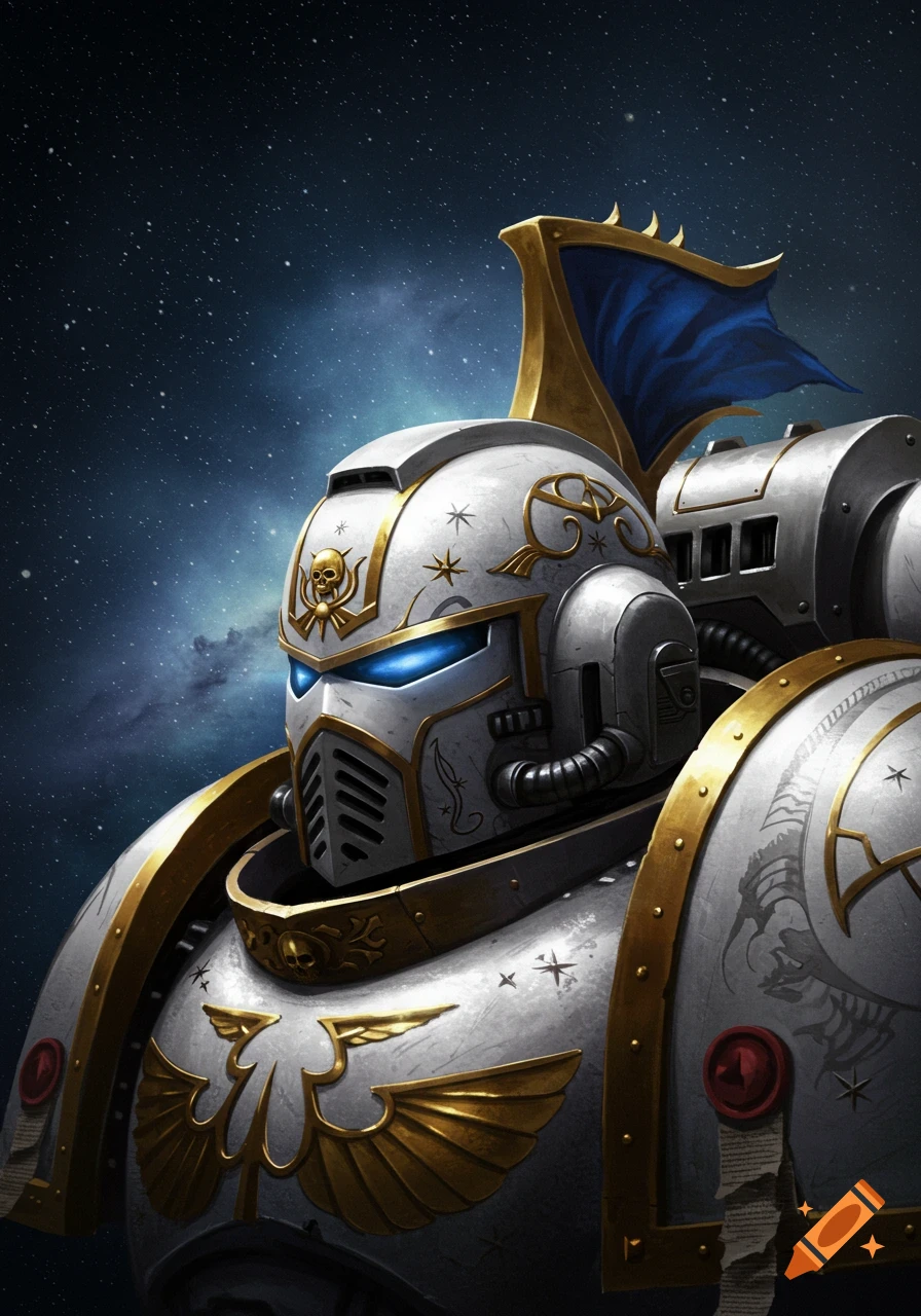 Close-up of a futuristic warrior in white and gold power armor with glowing blue eyes, against a starry space background.