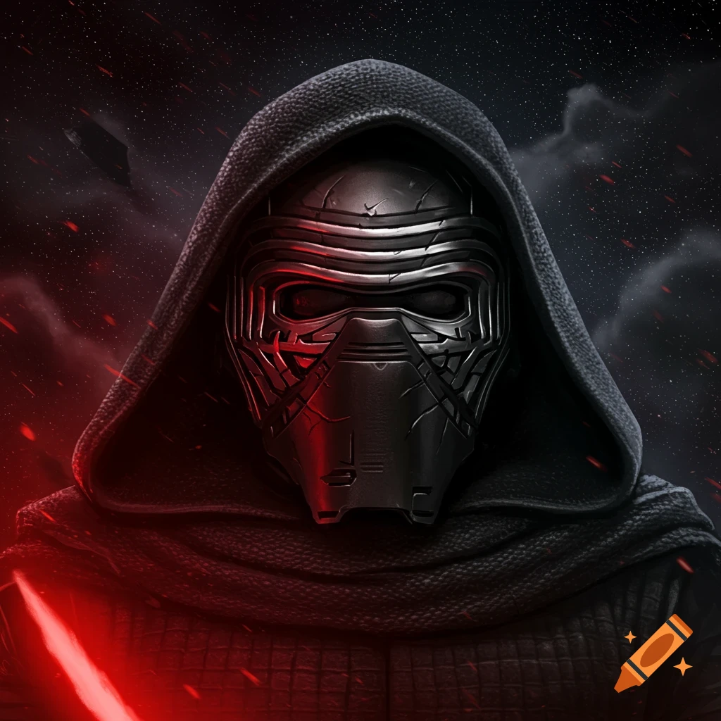 Close-up portrait of Kylo Ren's cracked black mask and hooded robe, with a red lightsaber, against a dark, starry space background.