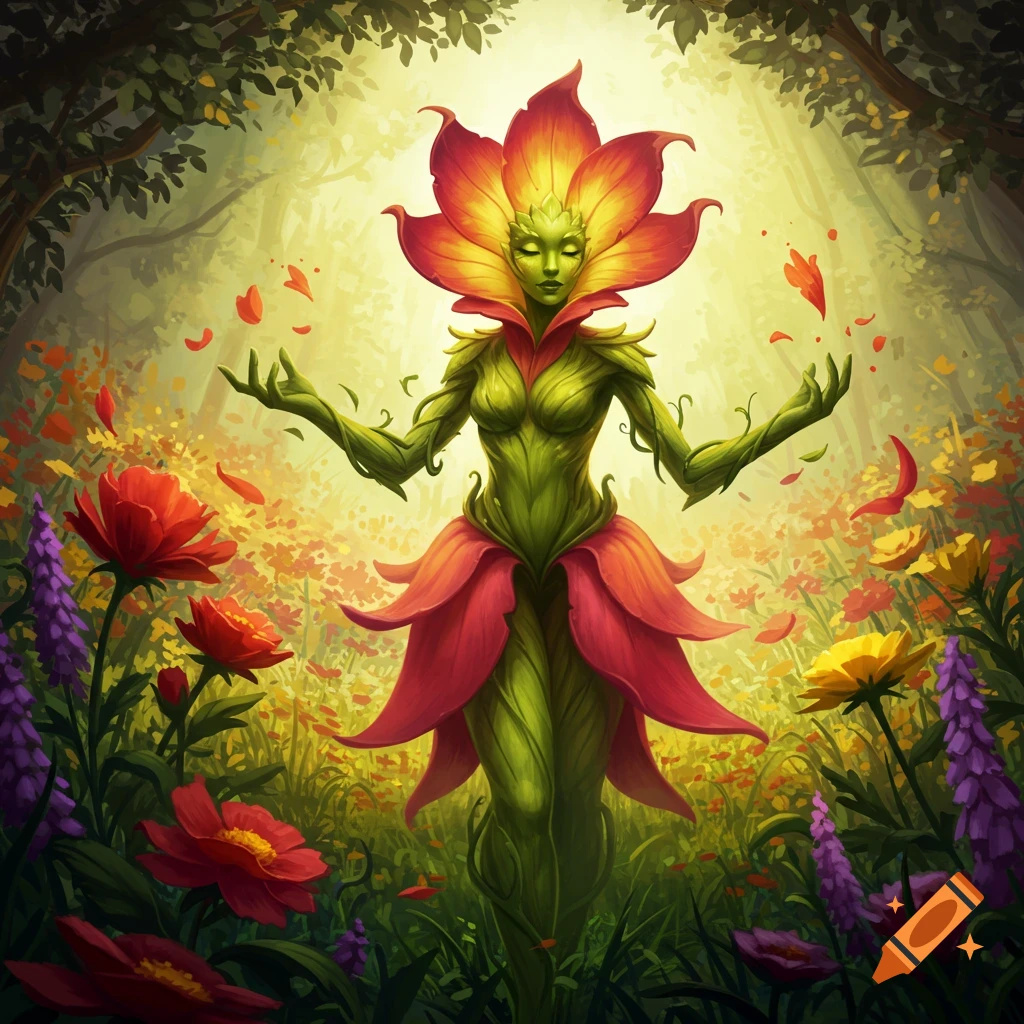 A vibrant fantasy illustration of a plant-like woman with a large flower head and leafy body, standing in a sunlit forest surrounded by colorful flowers and falling petals.