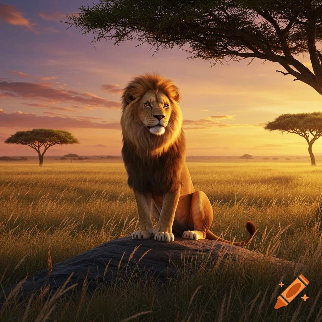 A majestic male lion with a full mane sits on a rock in a golden savanna, bathed in the warm light of a sunset.