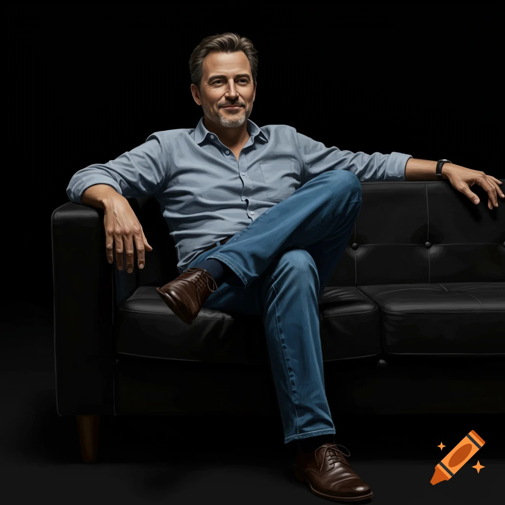 A smiling man in a blue shirt and jeans sits with crossed legs on a black leather couch against a black background.