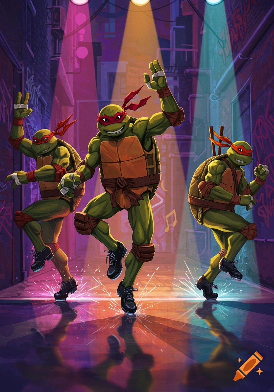 Three Teenage Mutant Ninja Turtles tap dance in a colorful, spotlight-lit alley, comic art style.