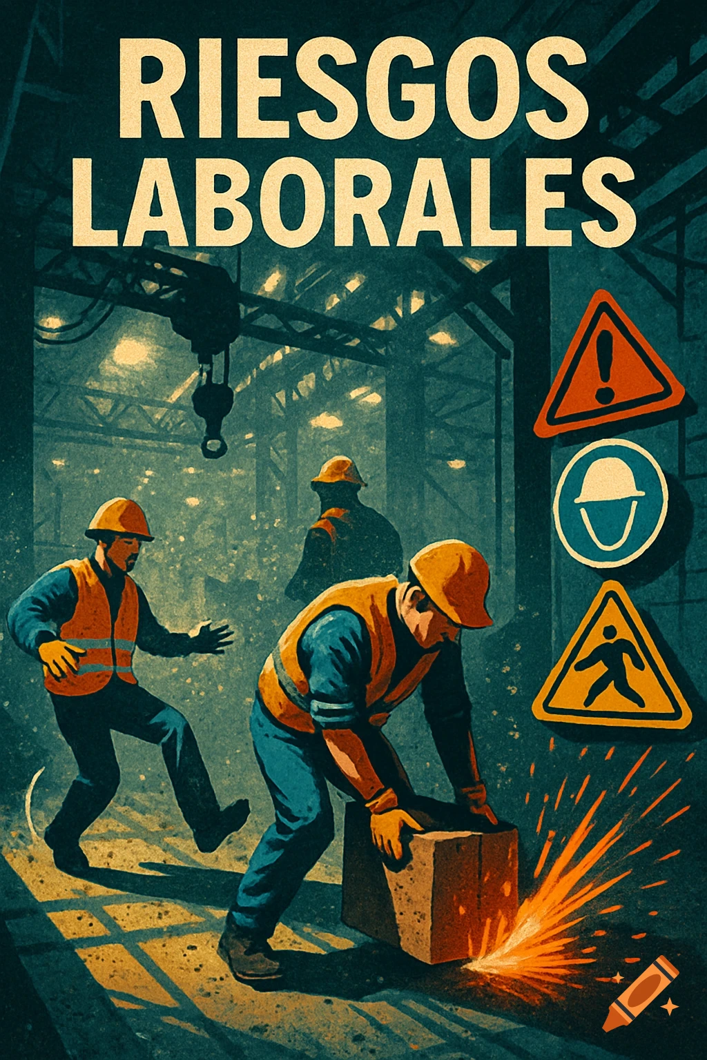 A retro-style illustration depicting construction workers in an industrial setting with safety signs and the title 'RIESGOS LABORALES'.