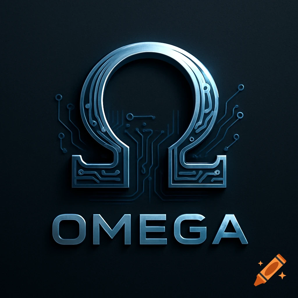 A metallic blue Omega symbol with circuit board patterns above the word OMEGA on a dark, textured background.