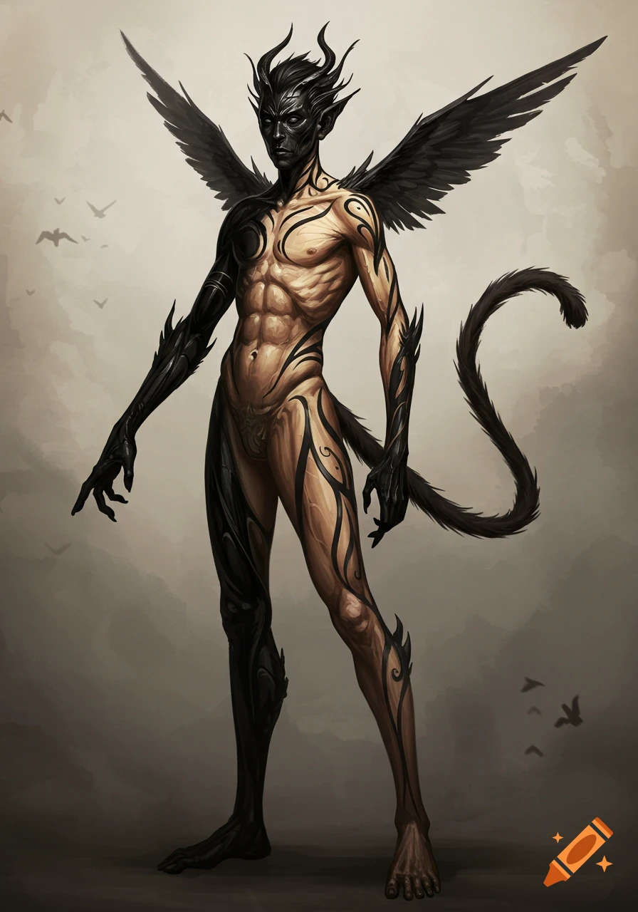 Muscular dark fantasy creature with black wings, horns, and a tail, covered in tribal-like markings on pale skin.
