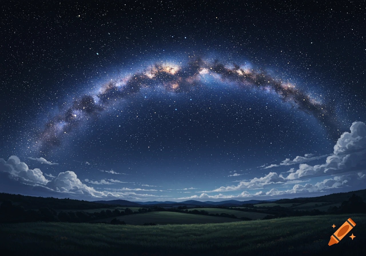 A starry night sky with the Milky Way galaxy arching over a dark, rolling landscape of hills, fields, and clouds.