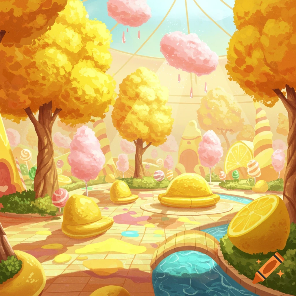A whimsical, colorful indoor park called Mello Yello Land with yellow trees, pink cotton candy clouds, lemon-shaped candy, and a winding blue stream.