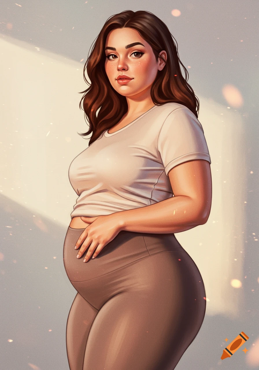 A stylized illustration of a curvy woman with dark hair, wearing a light t-shirt and brown leggings, standing with a hand on her midsection.
