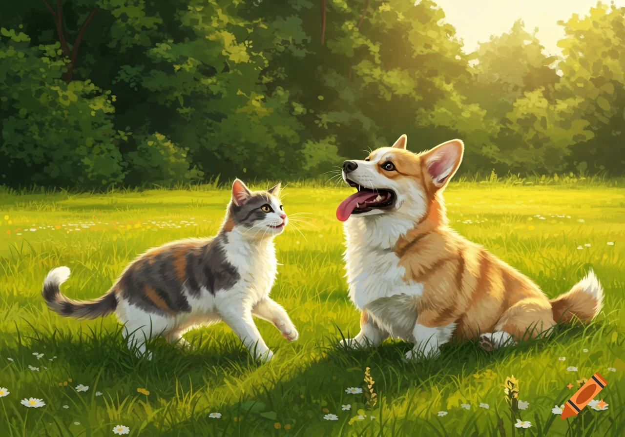 A calico cat and a corgi dog with its tongue out sit in a sunny green field with trees in the background, illustrated.