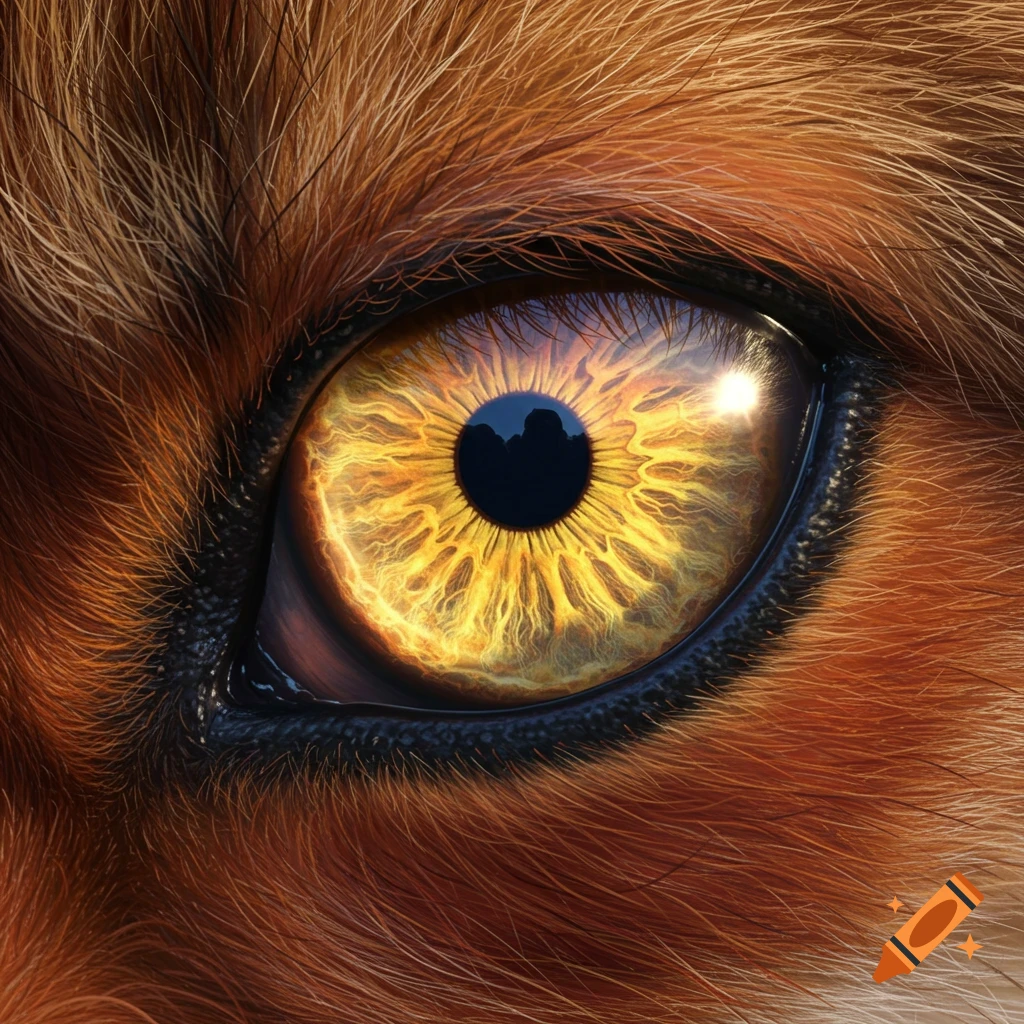 Extreme close-up of a fox's eye with a textured golden-yellow iris and reddish-brown fur surrounding it.
