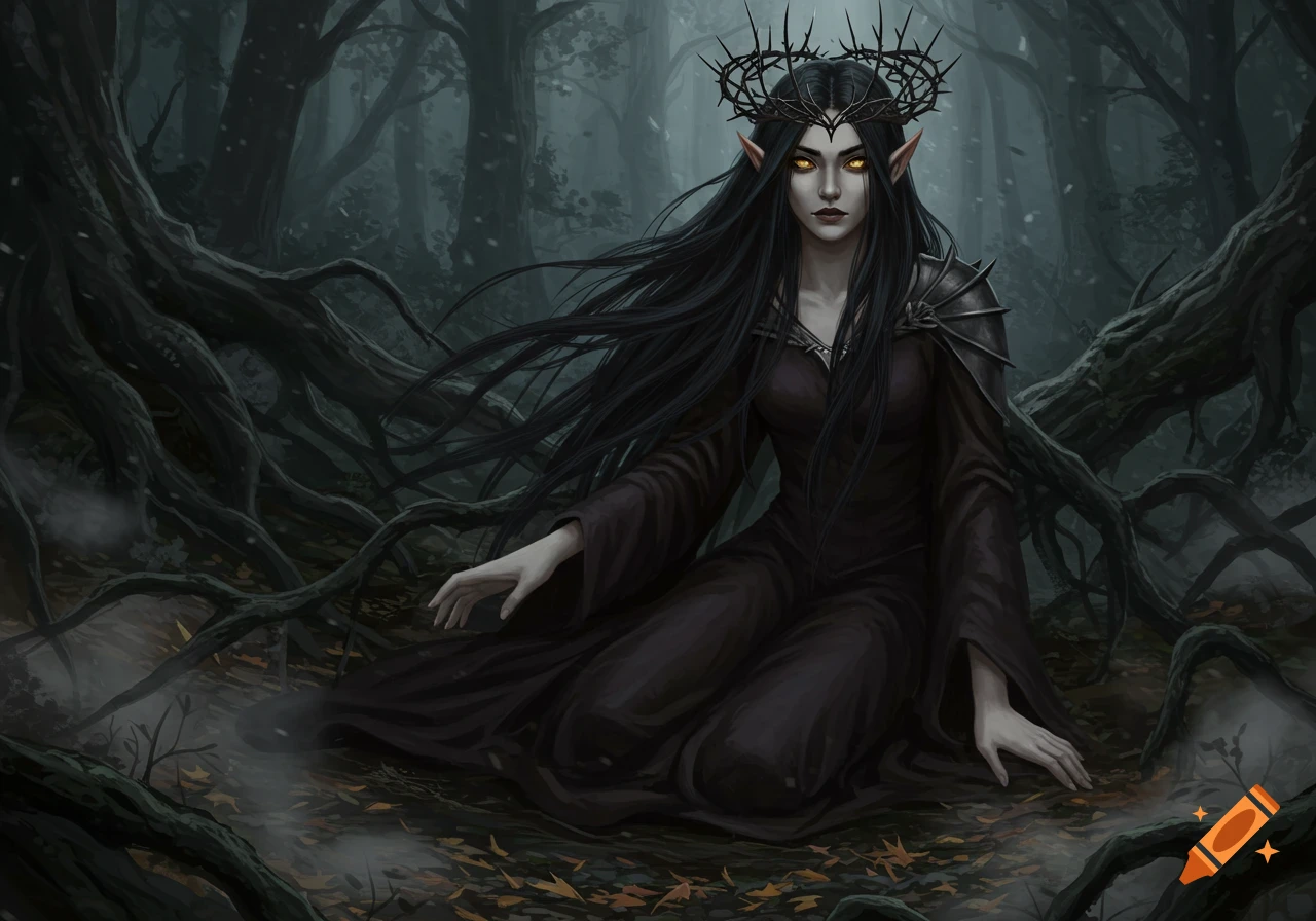 A dark-haired elf woman with golden eyes and a crown of thorns kneels in a dark, gnarled forest.
