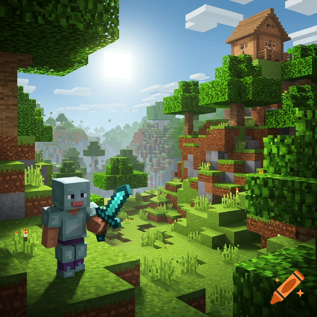 A blocky character in armor with a sword stands in a vibrant Minecraft-style landscape with trees and a house on a hill under a bright sun.