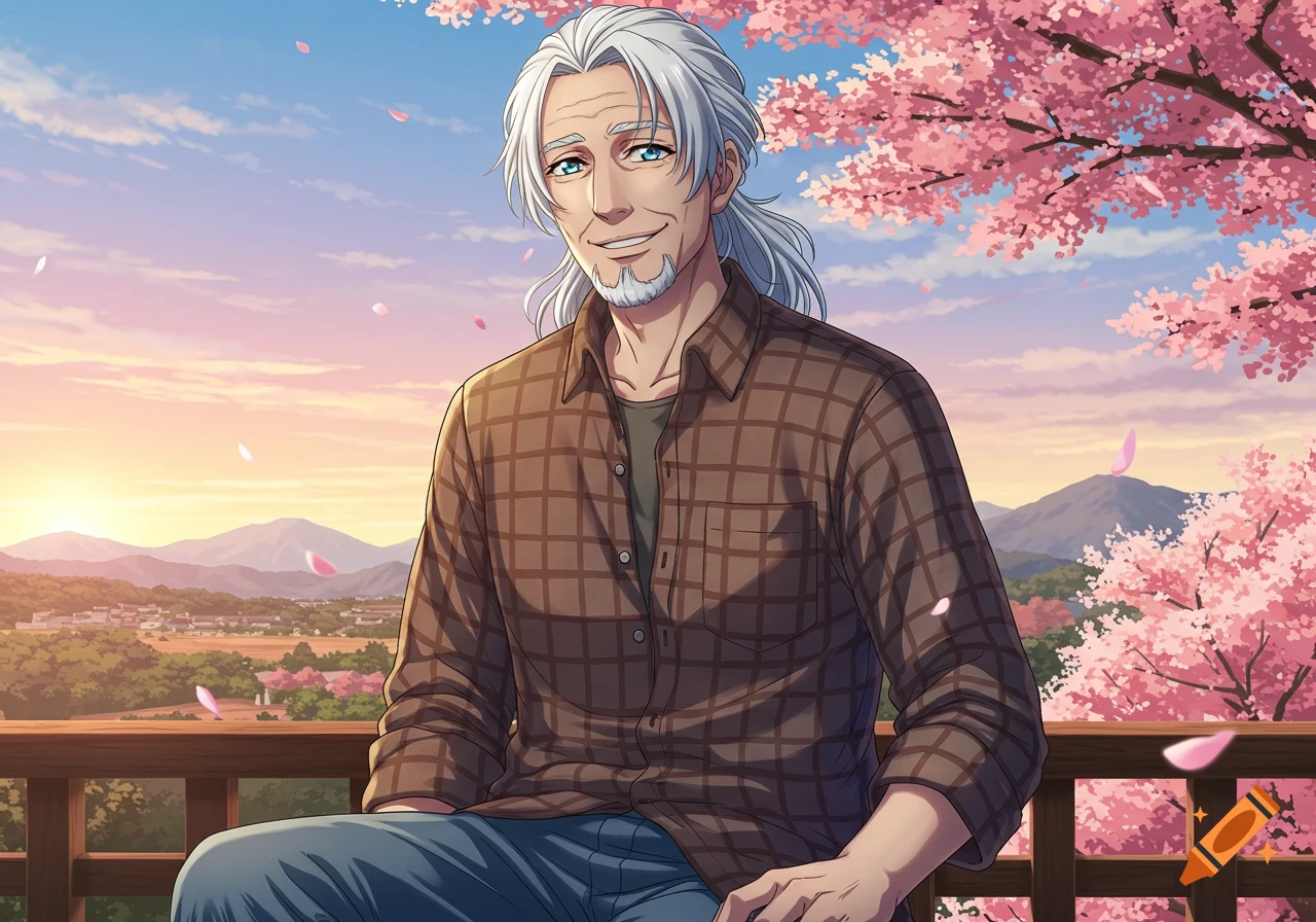 An old anime man with white hair and blue eyes smiles while sitting on a railing, surrounded by cherry blossoms, mountains, and a village at sunset.