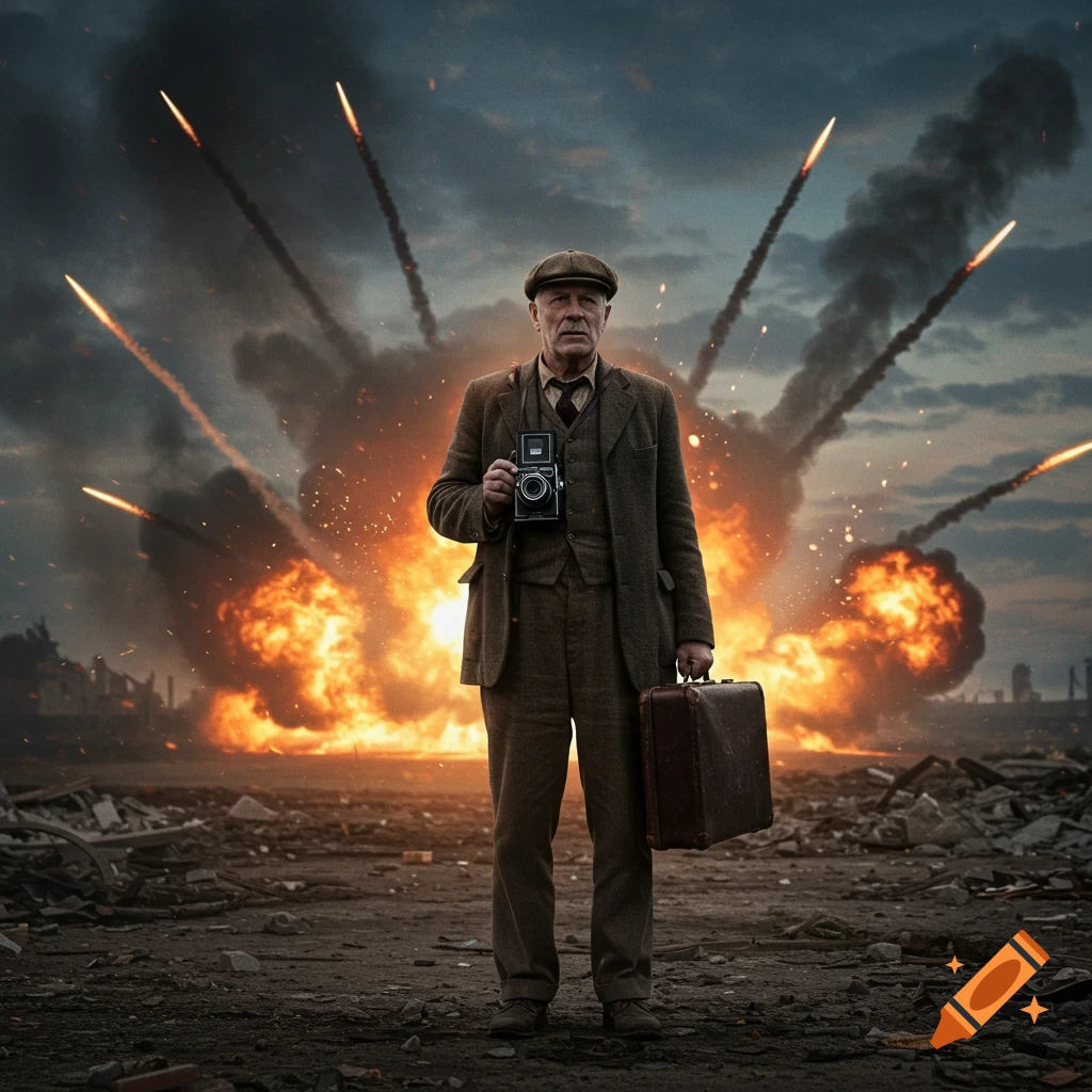A male journalist in a suit with a camera and suitcase stands amidst explosions and missiles in a war-torn landscape.