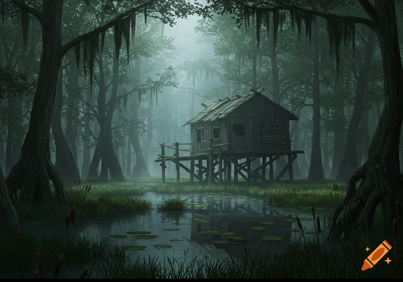 A weathered wooden hut stands on stilts in a misty, dark green swamp, surrounded by tall trees and still water with lily pads.