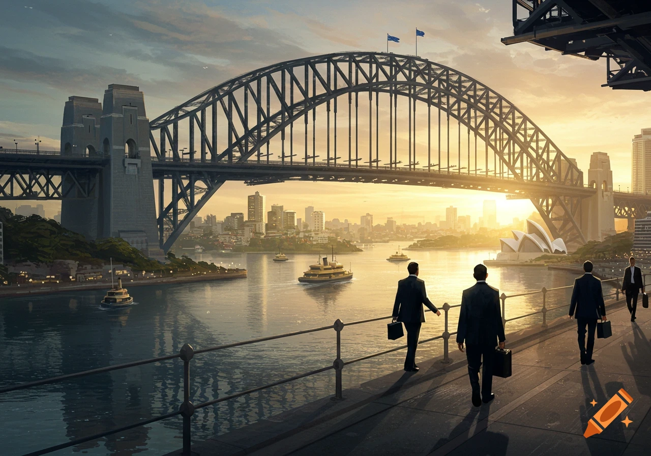Photorealistic view of Sydney Harbour Bridge and Opera House at sunset, with businesspeople walking along the waterfront.