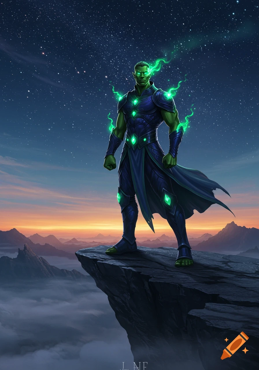 A green-skinned male warrior in glowing blue and green armor stands on a cliff overlooking mountains and clouds at sunset under a starry sky.