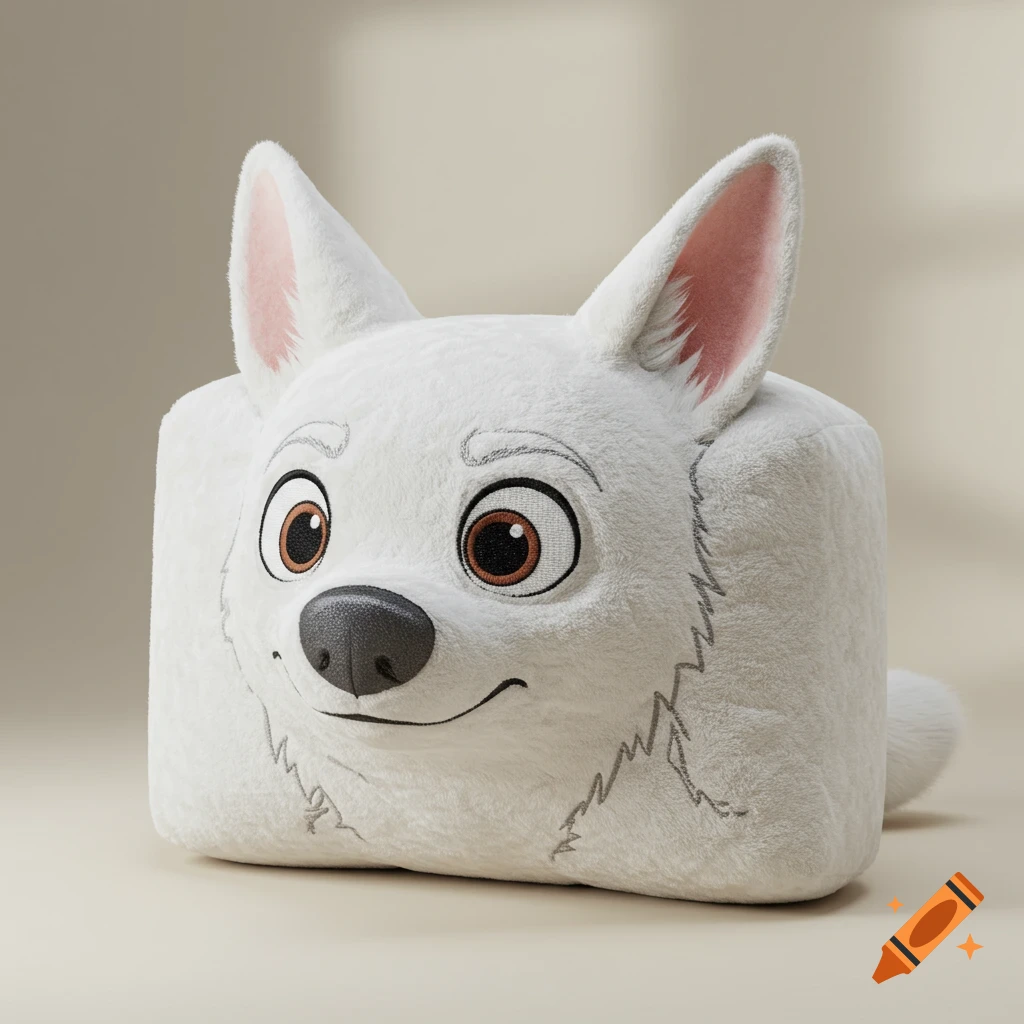 A photorealistic 3D render of a cube-shaped white plush toy of Bolt from Disney's Bolt.