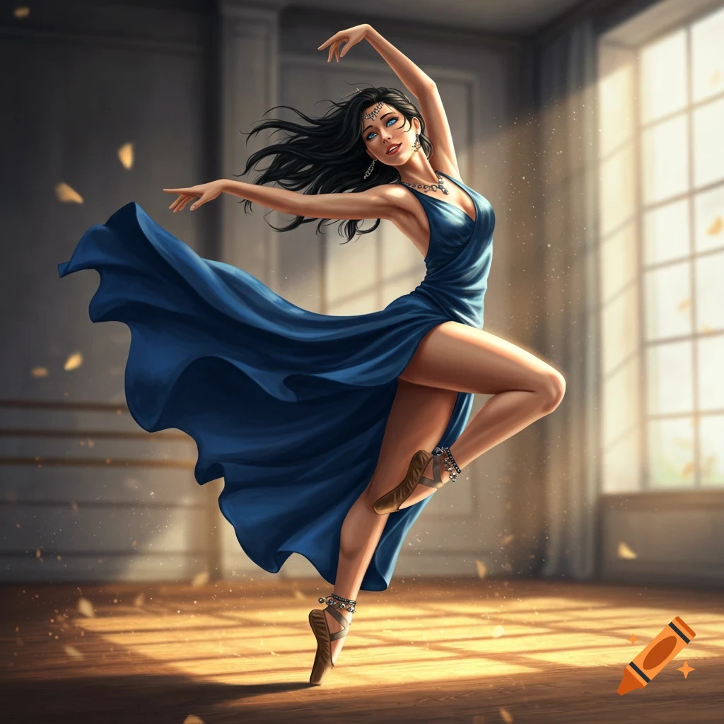 Stylized illustration of a graceful dark-haired female dancer in a blue dress, poised on one toe in a sunlit room.