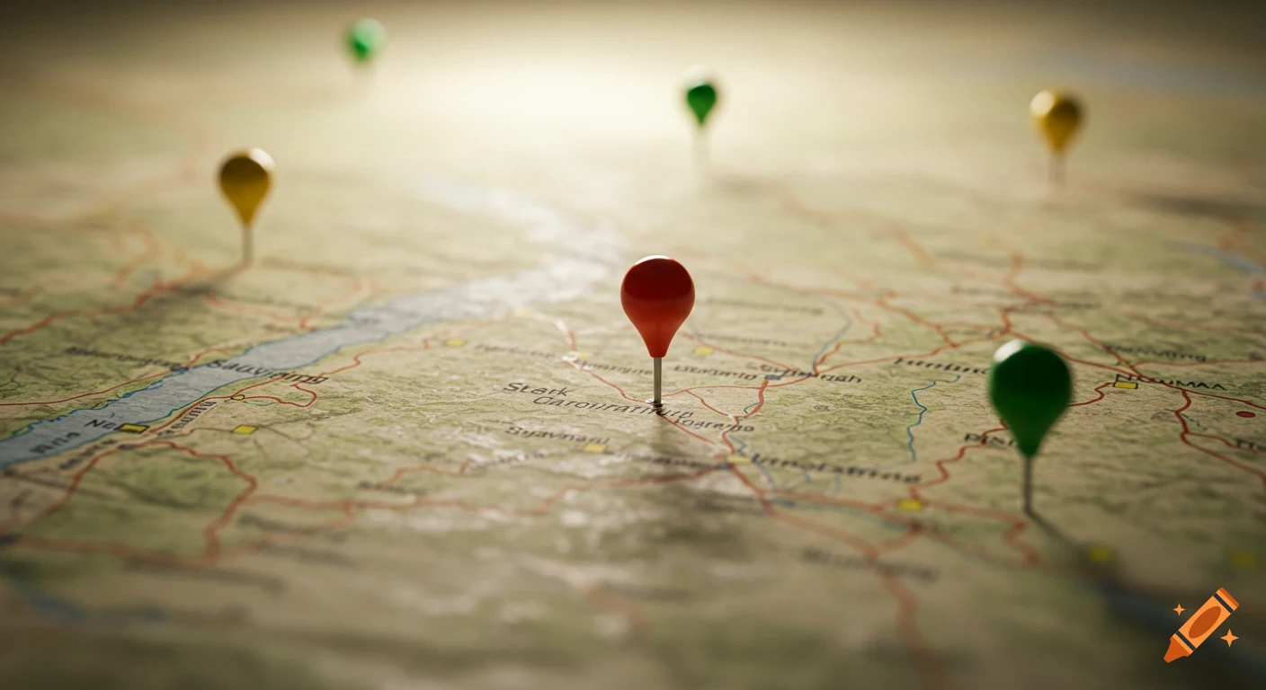 A detailed watercolor map with several colored push pins, including a central red one, marking locations. Viewed with shallow depth of field.