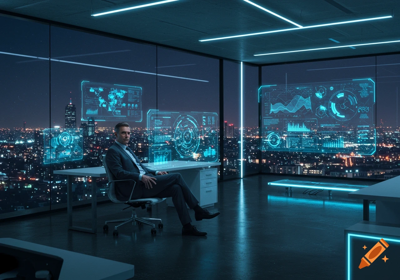 A man in a suit sits in a futuristic office with glowing holographic data displays, overlooking a city at night.
