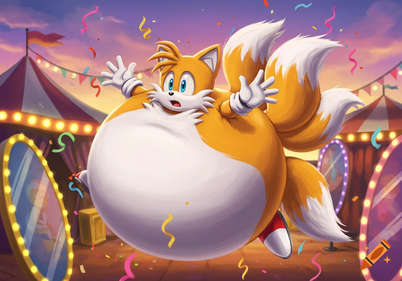 Inflated cartoon character Tails floating in a colorful carnival with tents and confetti.