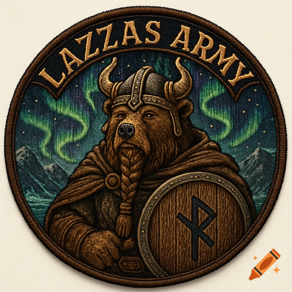 Embroidered patch of a bear in viking armor with a horned helmet and shield, under an aurora borealis sky, with 'Lazzas Army' text.